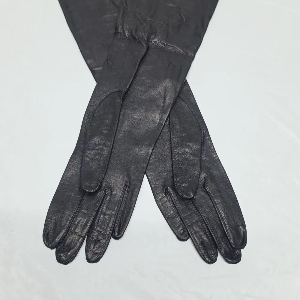 Vintage Genuine Black Leather Elbow Length Gloves 18